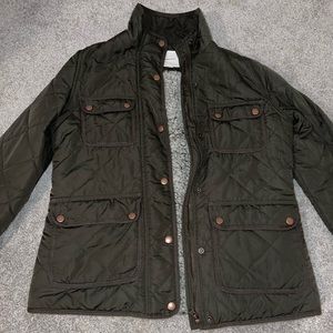 Green button down jacket with soft, fuzzy, warm inside.